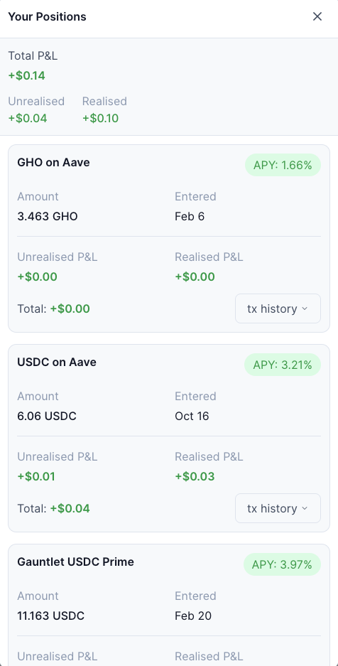 Your Positions — PnL, APY, and transaction history across all vaults